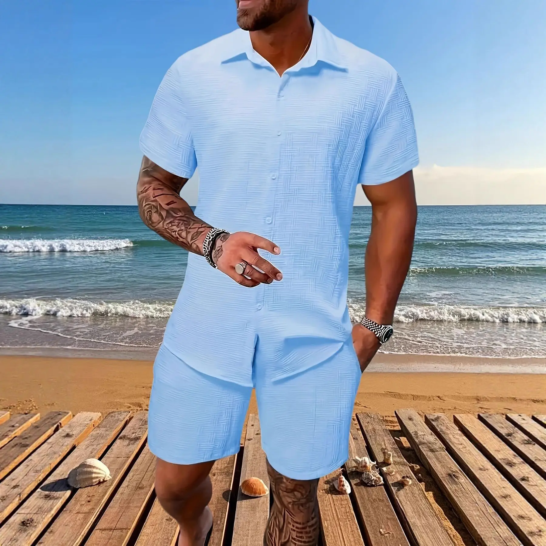 New summer solid-color men’s two-piece set: short-sleeve button top and shorts pajama set; comfortable loungewear for home and simple outdoor style; #fathersdaygift, #SummerWins