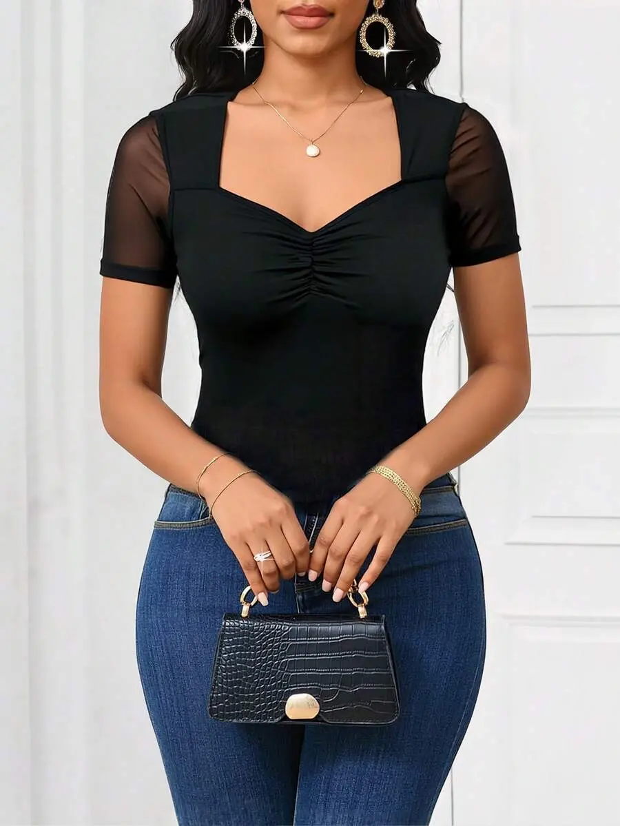 Contrast Mesh Ruched Sweetheart Neck Tee Work/Office Business Casual Woman Office For Women Professional