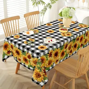 EastJia Made in USA Polyester Rectangle Tablecloth, Sunflower & Black-White Gingham Print, Washable Reusable, Spring-Summer Home Decor, Ideal for Kitchen & Party Use summerwins