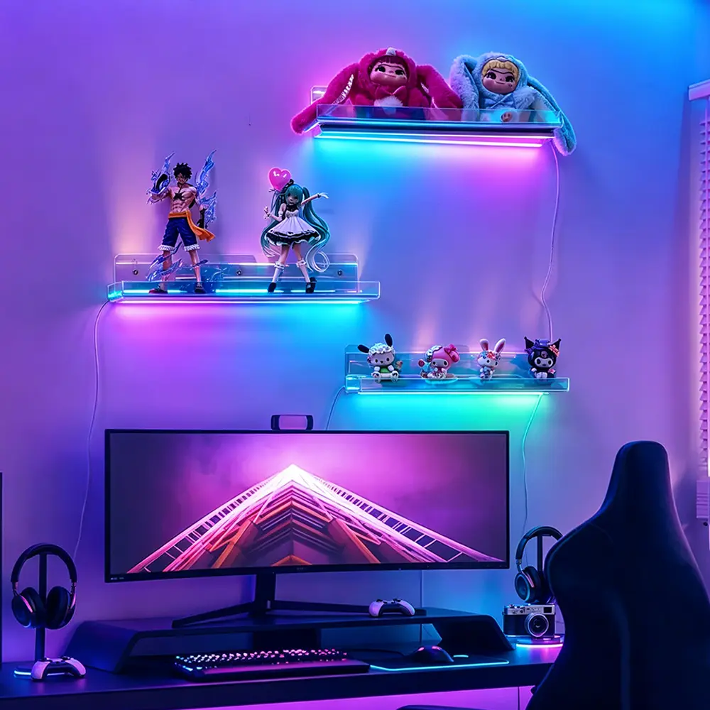 RGB LED floating wall rack with application control, music synchronization, and timer, dimmable wall mounted storage rack, suitable for bedrooms, gaming rooms, and living rooms
