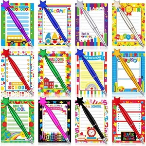 48 Pcs Welcome Back to School Gifts Bulk First Day of School Notepad Pen Set 24 Colorful Mini Notebook 24 Shaped Ballpoint Pen for Teachers Party Favors Supplies Gift