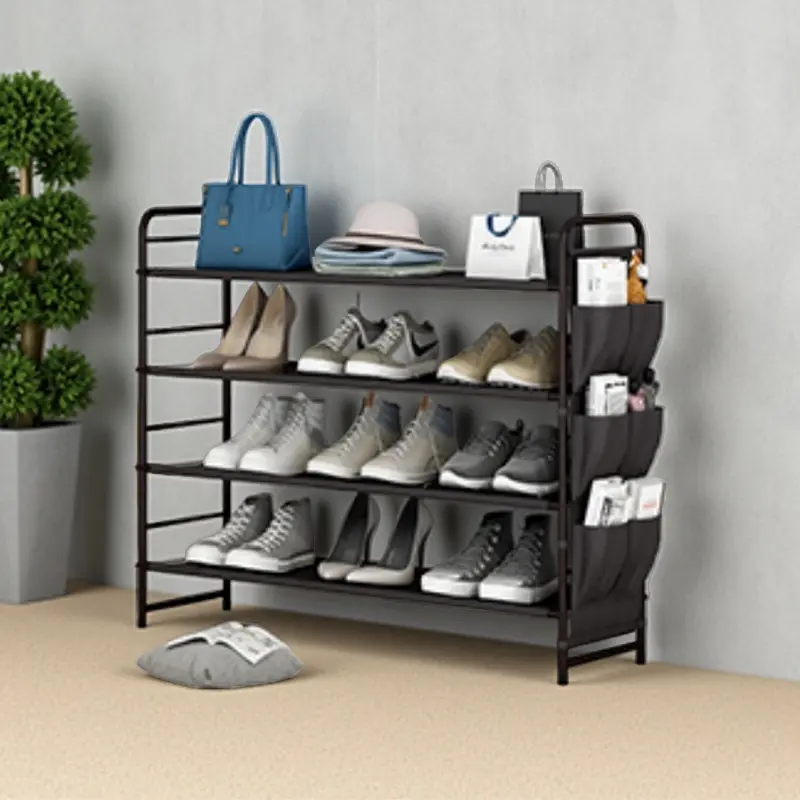 SUOERNUO Stable 4-Tier Vertical Shoe Rack Organizer - Free Standing Metal Shelf with Side Bag, Holds 9-12 Pairs, 10-15 kg Capacity, Bronze Closet Storage for Entryway Bedroom, Small Room Organization Products