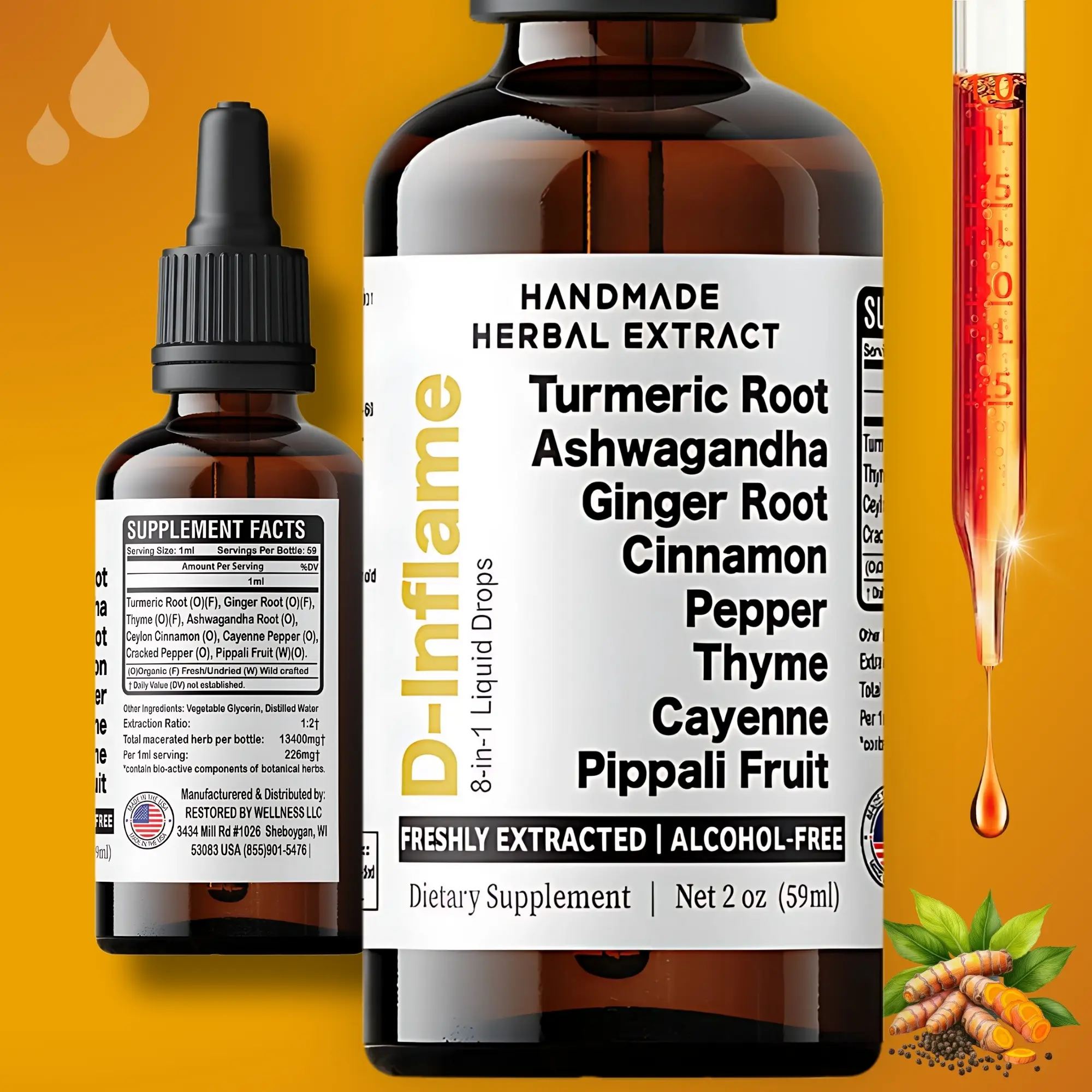 Turmeric Inflammation Support | with Ginger Root, Thyme Ashwagandha Root, Ceylon Cinnamon, Cayenne Pepper | 2oz. (60 servings) Natural Supplement