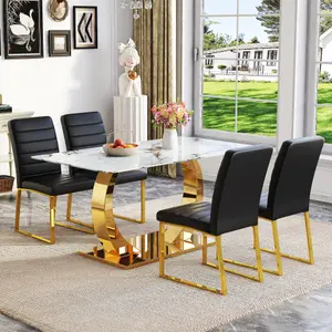 Bellemave Modern Minimalism 4-Seat Dining Table Set - 63in Marble-Patterned Tempered Glass Table, Gold-Decorated Modern Minimalist Dining Chairs (Set of 4), Dining Table Set Of 4