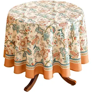 Designer Vintage Small Round Tablecloth,Indian Style Wrinkle Free Orange Floral Table Cloth,Table Cover for,Dining,Thanksgivingome,Christmas,Diameter 55"-Mangala
