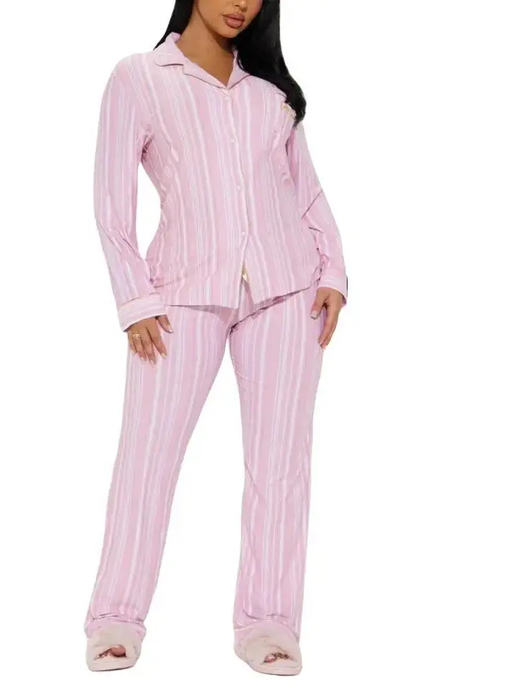 PJ Pant Set Pink Loungewear Pajama Nightwear Womenswear Women Homewear Pajama Set Comfort button down pink stripe Fabric Pyjamas Cute Comfortable Lightweight Material Top Soft Long Sleeve Striped