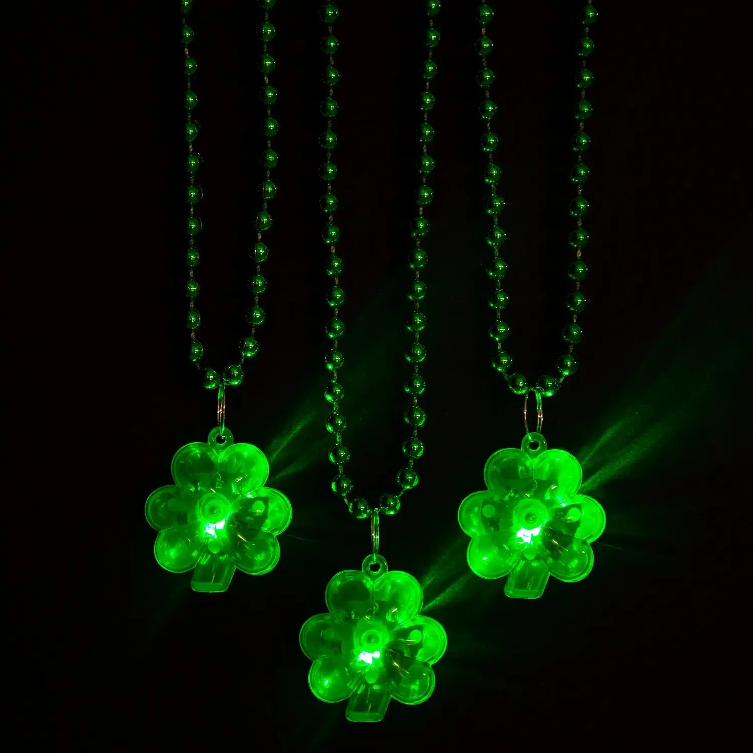 Light-Up St. Patrick’s Day Shamrock Necklaces - 12 Pc., Clover Necklace, Plastic, Beaded, Light-Up Shamrock Charm, Batteries Included, Community Gatherings, On/Off Switch, 33" Circ. With 1 1/2" Charm, No Warning Applicable
