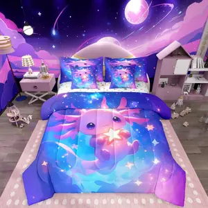 3D Kawaii Axolotl 7 Pieces Bedding Setstarry Sky Galaxy Bed Bag,Cartoon Salamander Bed Set,Includes Comfortersheet Set,Pillowcases  Bed Set, Bedroom Bedding Set, Decorative Bedding Set