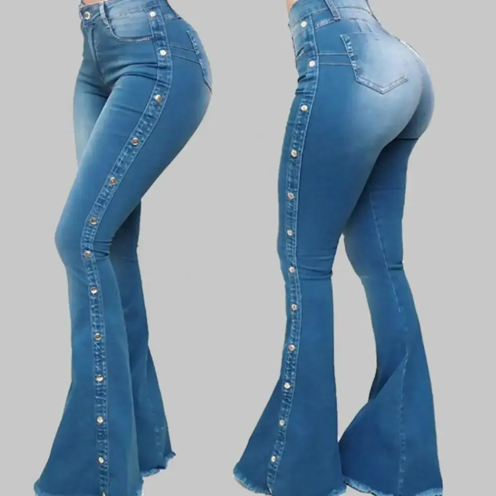 Mid Waisted Stretch Flare Jeans Women Denim Pants Wide Leg Butt-Lifted Casual Korean Style Skinny Bell Bottom Pocket Trousers SANWOOD