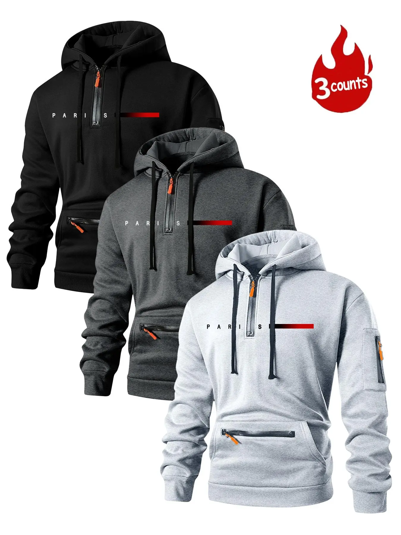Men's Hooded Sweatshirt Set, Half-Zip Design, Long Sleeve, Kangaroo Pocket & Zipper Sleeves, Paris Print, Fitted Casual Knit Fall Winter Wear Tops
