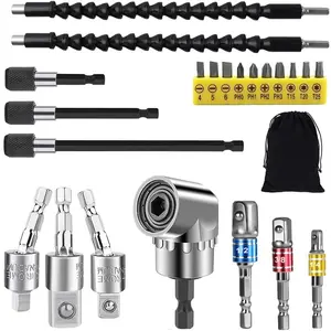 Flexible Drill Bit Extension Set, 105? Right Angle Drill Attachment, 1/4 3/8 1/2In Hex Shank Impact Driver Socket Adapter Rotatable Socket, Bendable Drill Bit Extension  Bit