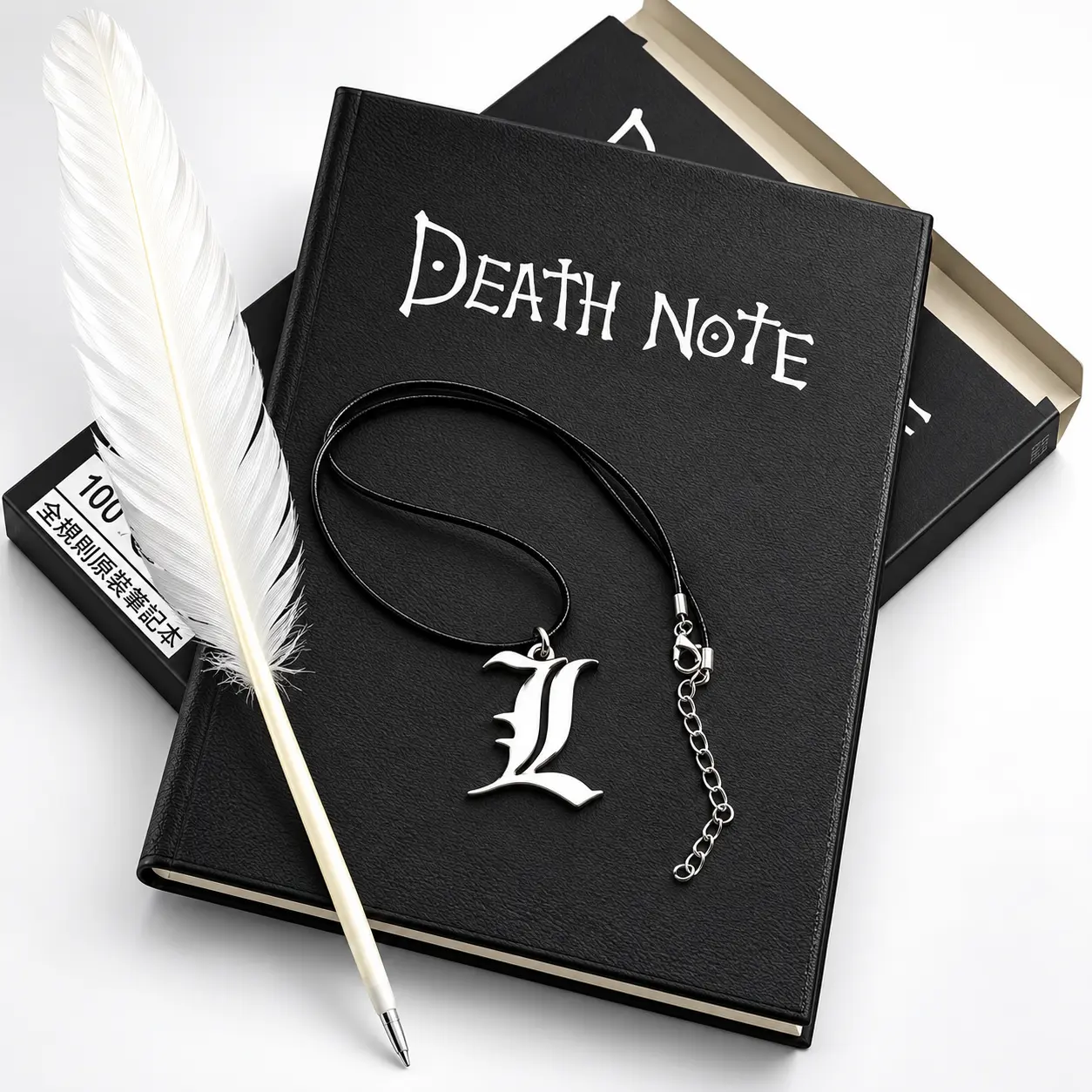 Death Note Black Hardcover Notebook Set, Textured Cover Journal with Ribbon Bookmark, Themed Pages, Feather, Necklace & Other Gift Accessories, Anime Collectible for Fans, Students, Cosplay & Display
