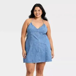 Women's Mini Halter Denim Dress - Universal Thread Medium Wash S