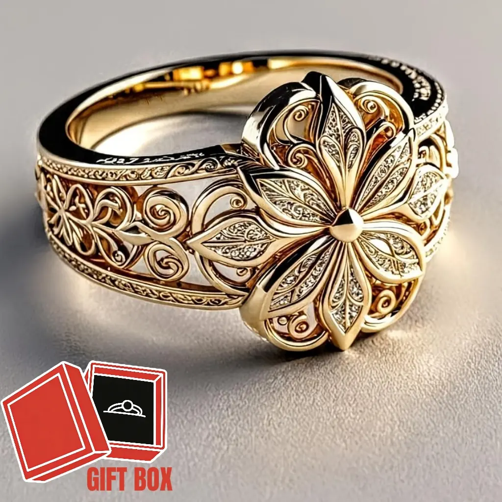 [Vintage Boho Ring] Golden-Plated Copper Ring with Intricate Floral Design - Vintage Boho Style, Synthetic Stone, Perfect for Daily Wear & Parties, Luxury Jewelry for Women