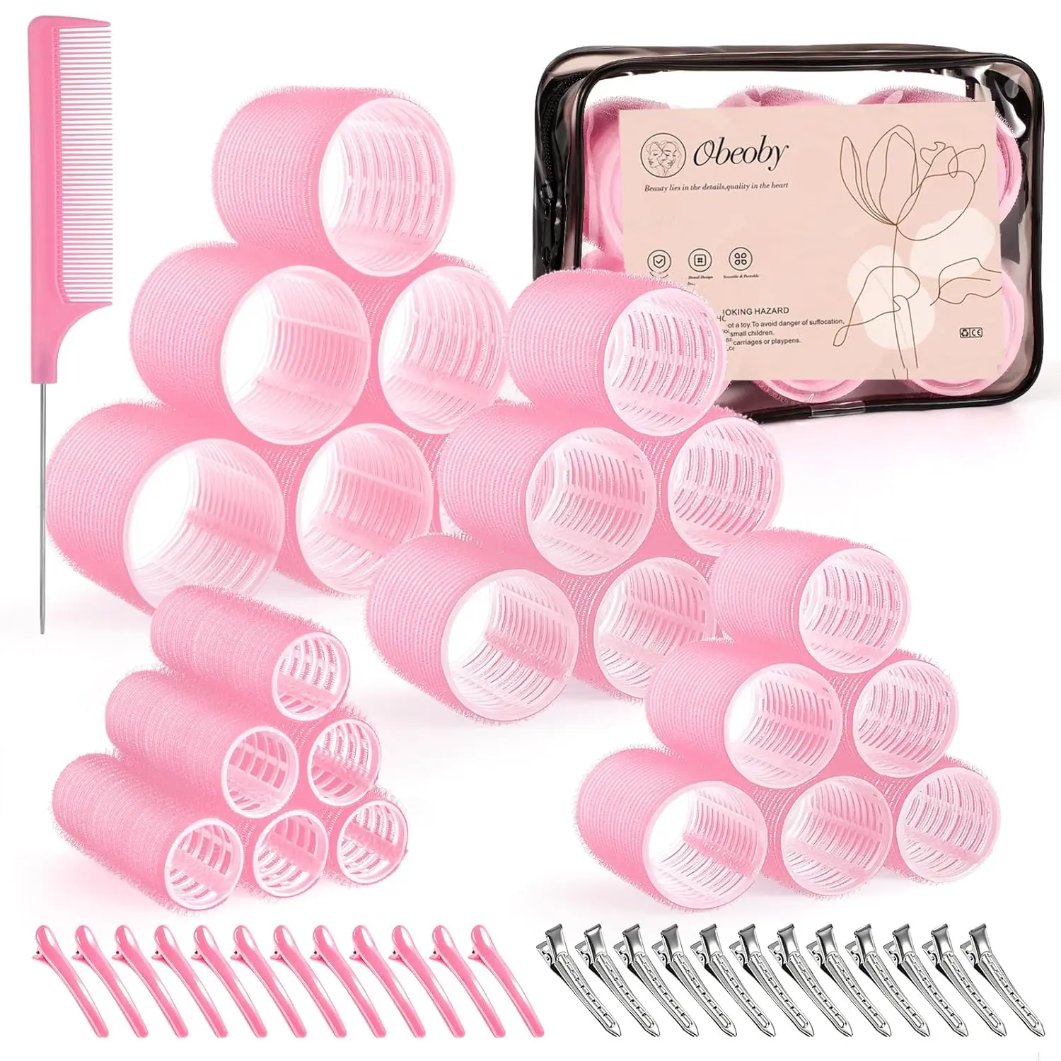 Self-Grip Hair Rollers Set (50 Pcs with Clips) - 4 Sizes (25, 36, 48, 60mm) Pink Styling Tool for Long & Short Hair, Bangs
