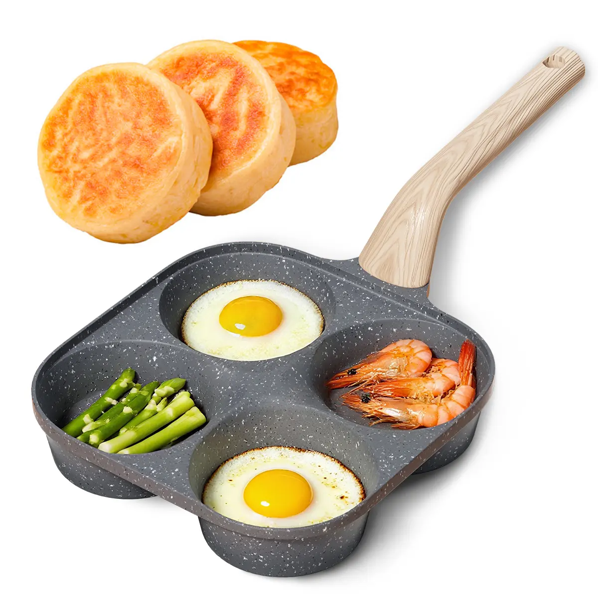 Grey Non-stick Hole Design Egg Frying Pan, 4 Hole Skillet with Handle, Small Egg Fry Pan 3-in-1 Divided Grill Pan, Wooden Handle Stone Omelet Non-stick Cookware, Breakfast Pancake Pan, Kitchen Gadgets for Gas and Induction Cooktops gas stove