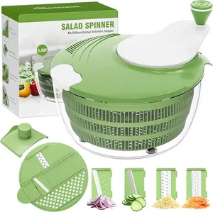 Salad Spinner, 5.3 QT Lettuce Spinner with Strainer, Fruit Cleaner with 4 Replaceable Blade for Shredding, Slicing and Pureeing, Salad Washer & Dryer for Quick Washing (Green)