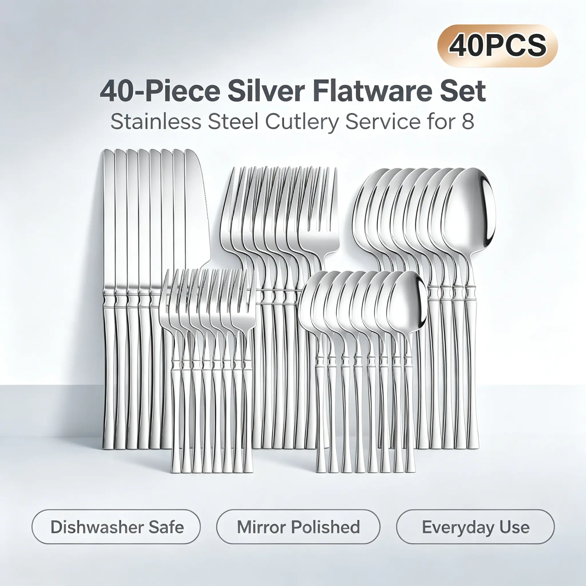 Premium 40PCS Stainless Steel Cutlery Set, Modern Mirror Polished Silverware for 8 People, Elegant Fork Spoon Knife Set for Home & Events flatware