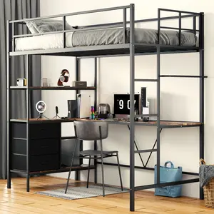 AHB Twin Loft Bed with L-Shaped Desk LED Lights Charging Station Storage Shelves Fabric Drawers Safety Guardrail No Box Spring Needed Black