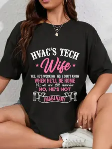 100% Cotton Unisex HVAC Technician Tech Wife Vintage Hvac Tech's Wife Yes, He's Round Neck Short Sleeve T-Shirt Women's Men Graphic Tee