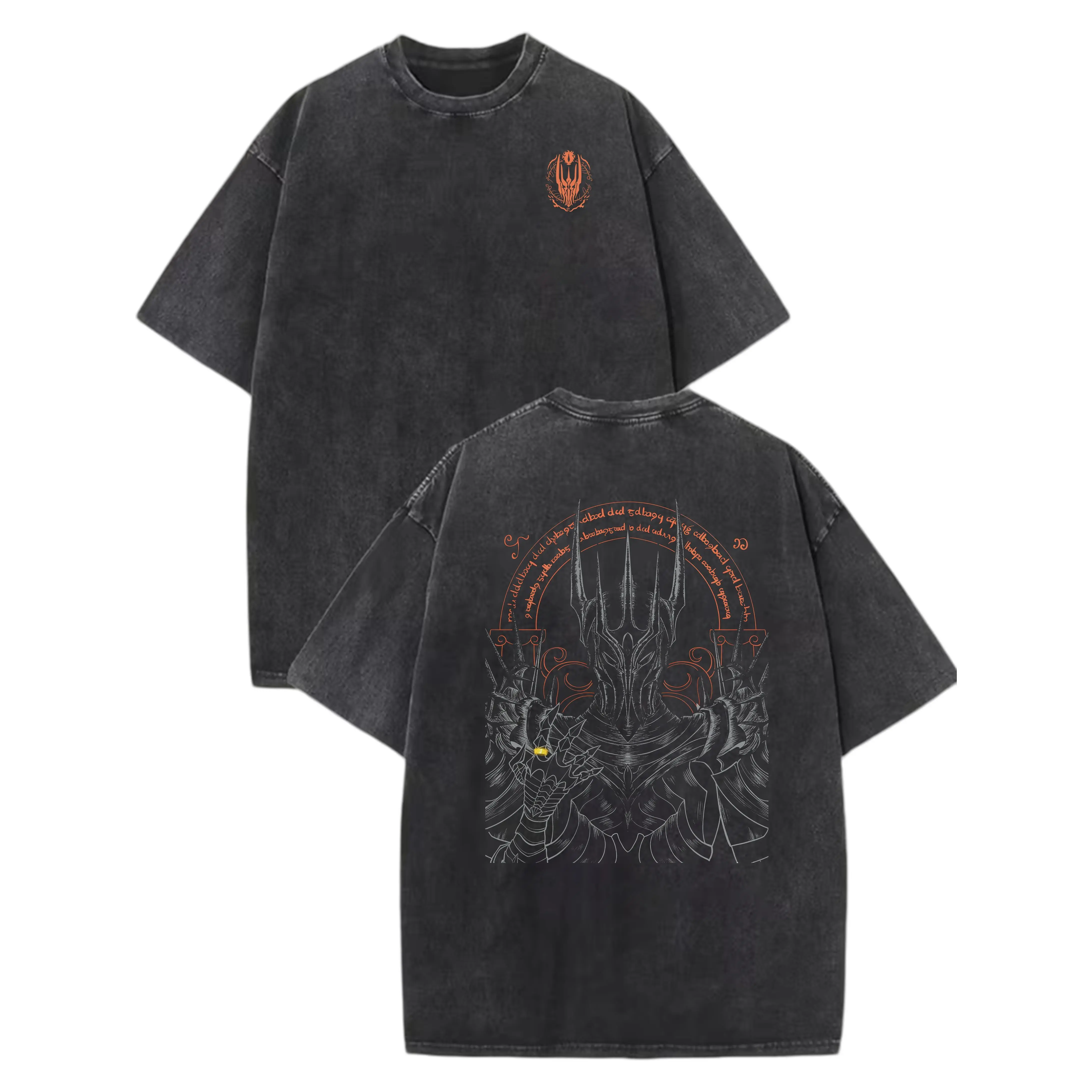 Lord of the Rings Sauron T-shirt, Unisex Vintage Wash Oversized Grunge Streetwear with Double-Sided Elvish Script Print, Tshirt, Shortsleeve, Menswear