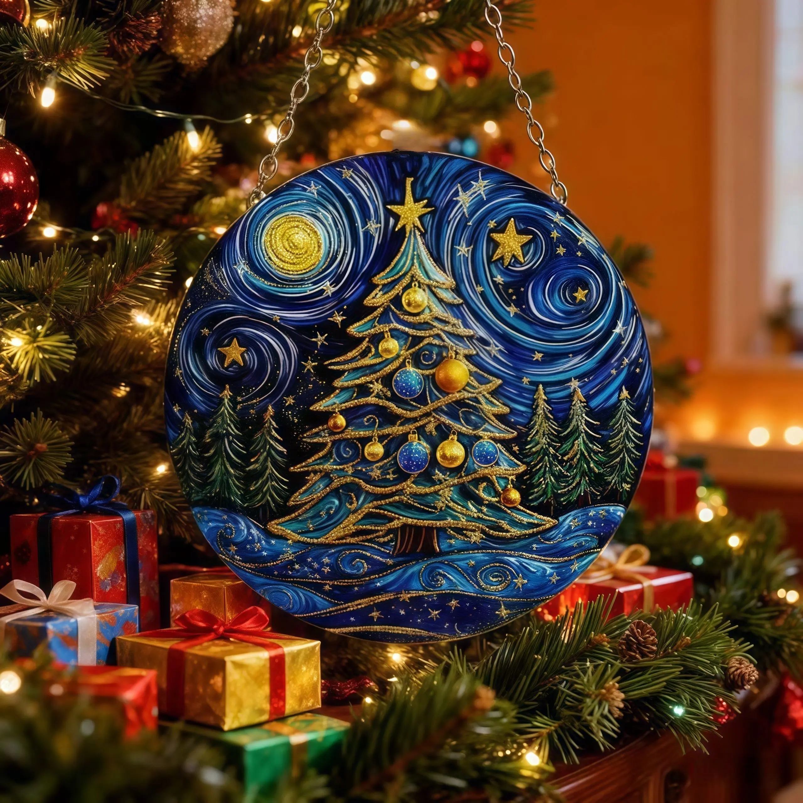 European Lightweight Double-Sided Glass Christmas Hanging Ornament (1 Piece) - Durable Contemporary Classic Home Supply with Bell, Christmas Tree, Santa-Claus Pendants, Indoor Living Room Holiday Decoration Gift