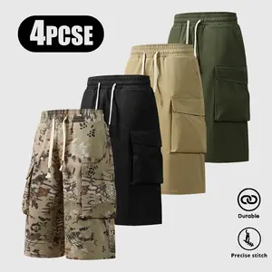 Men’s solid-color cargo shorts, 4-pack, featuring a durable, relaxed fit design with a drawstring waistband and flap pockets. This multifunctional pair of long pants is made from non-stretch fabric and suitable for work and everyday casual wear.