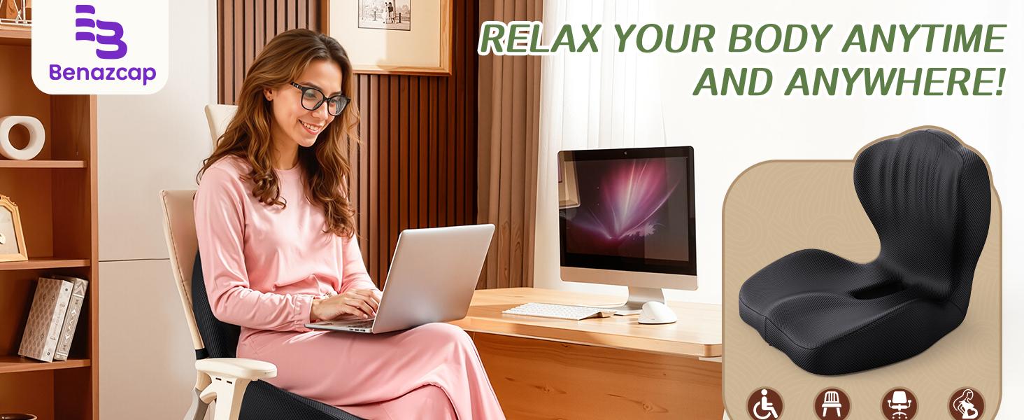 Benazcap Memory Foam Seat Cushion with Lumbar Support Pillow for Office Chair, Car & Gaming Seat, Wheelchair, Ergonomic Design for Sciatica & Tailbone Pressure Relief