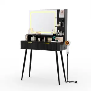 Makeup Vanity Desk with Lighted Mirror, 31.5" LED Makeup Vanity with 2 Drawers, 3 Color Lighting Modes, Fluted Dressing Table with Charging Station for Bedroom