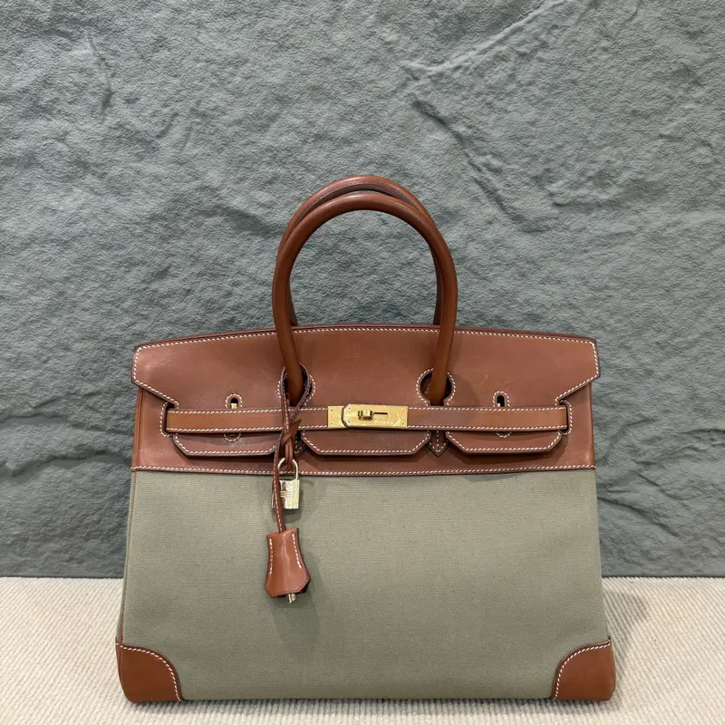 Pre-owned HERMÈS Leather tote bags Hermes Birkin 35 Canvas Barenia Faubourg 6A Cardamone 34 Fauve (kr1209m0)