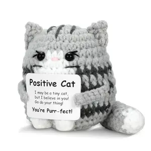 1pc Handmade Crochet Tiny Cat with Cheer Up Card, Knitted Cute Cat Doll for Room Office Desktop Decoration, Creative Positive Potato Cat for Christmas and Birhtday Gift for Girls, Soft Adorable Stuffed Animal