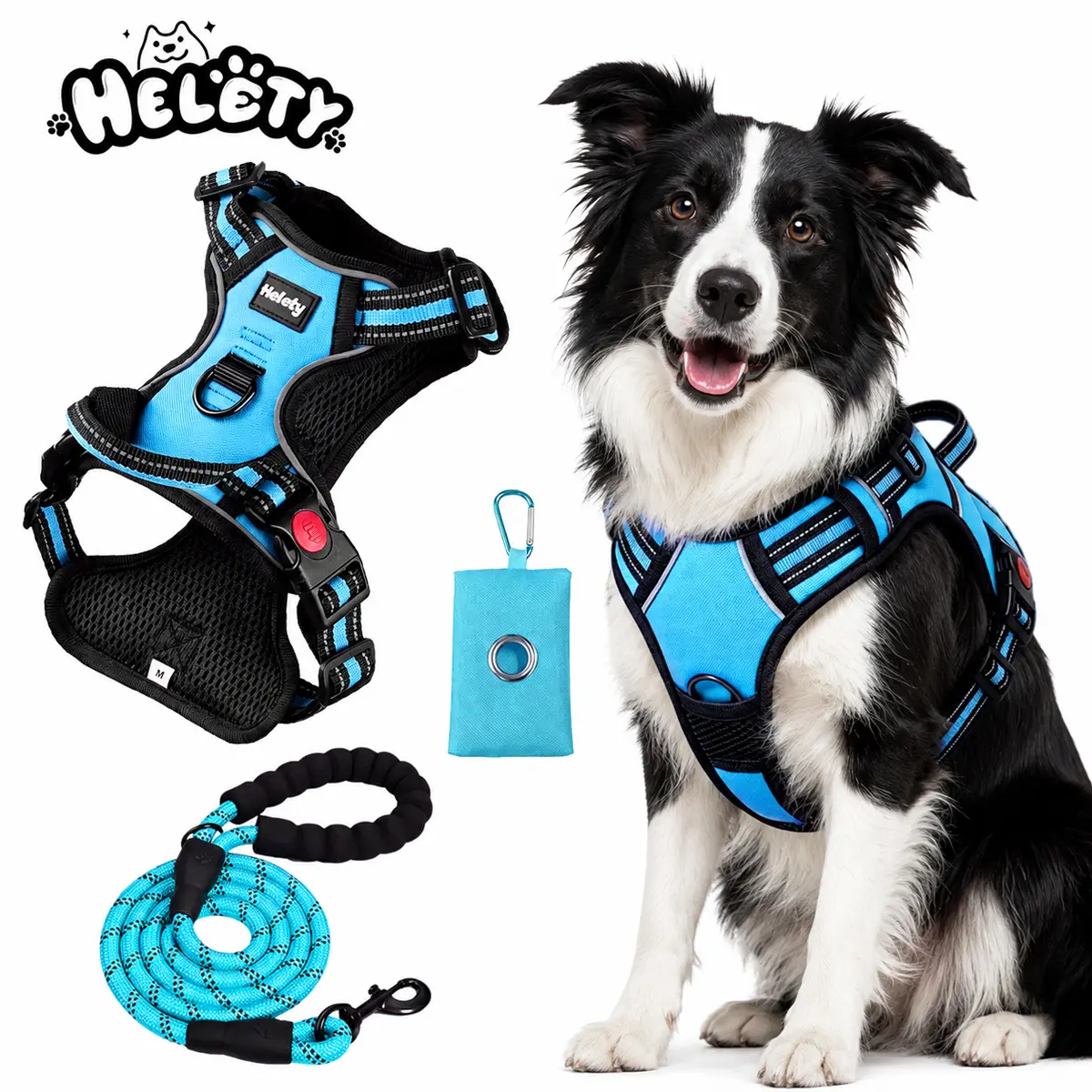 Helety 3-Piece Controlled-Walk Dog Harness & Lead Set - Vest-Style Oxford Cloth, 59in Leash, Poop Bag Holder, Christmas Bow Tie, Bungee, Non-Tangled, Pull Protection, Reflective, Escape-Proof for Everyday Outings