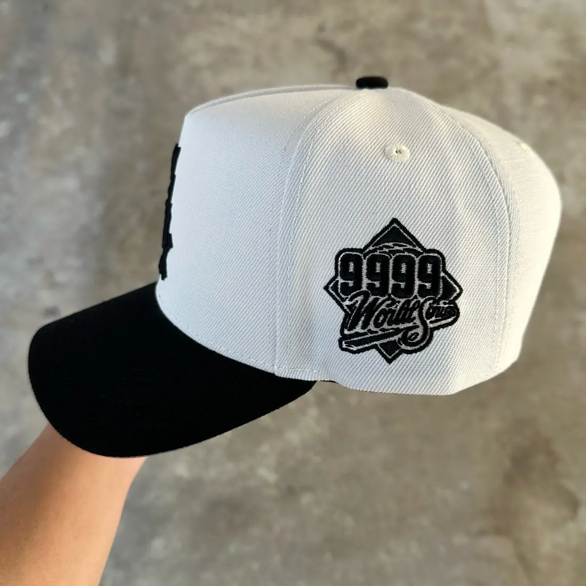 SATIN UNDER BRIM HYBRID LETTER SD CUSTOM 9999 WS HAT SNAPBACK CREAM/BLACK