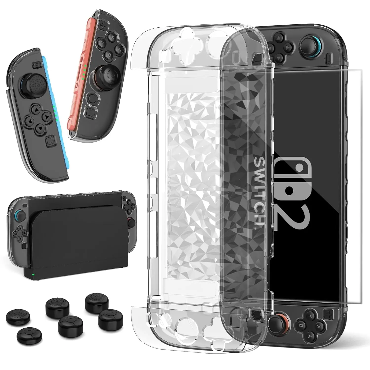 HEYSTOP Switch 2 Case - Protective Cover with Grip Controller, Clear Diamond Design + Tempered Glass Screen Protector & Thumb Stick Caps