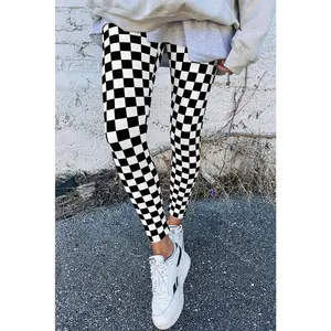 Black Checkered Pattern High Waist Leggings Can be used with raincoat