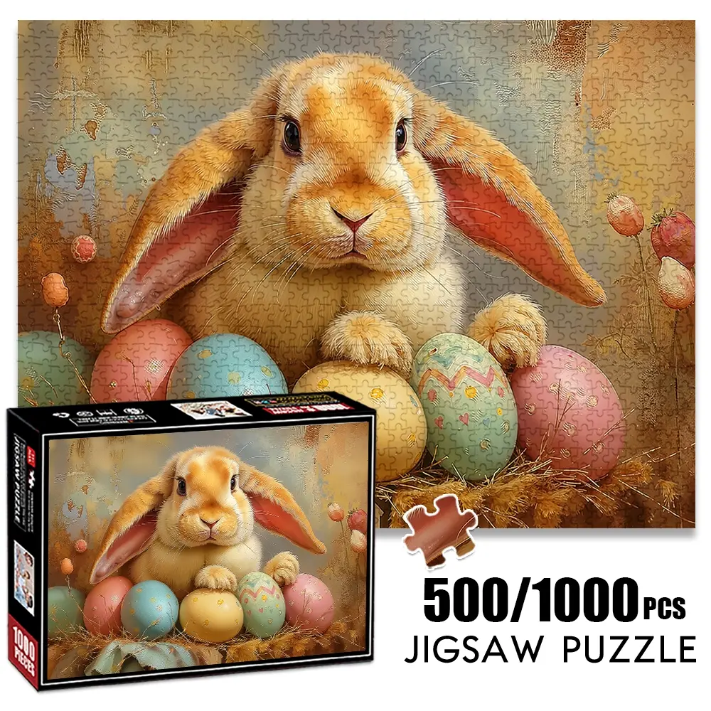 1pc 1000 piece adult puzzle 70x50cm Easter Bunny with Decorated Eggs 500 pieces of paper jigsaw puzzle, suitable for adults and families, large-scale DIY puzzle interactive toy games, birthday holi