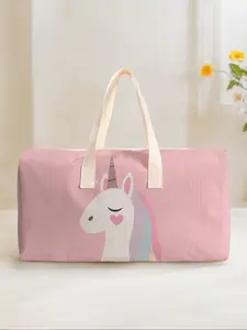 Large Capacity Corduroy Travel Bag Luggage Backpack Unicorn Pattern Printed Casual Yoga Fitness Handbag for Short Trips Weekend Outing Daily Commute