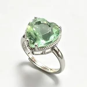 12×12mm Natural Green Fluorite Heart-Shaped 925 Sterling Silver Adjustable Ring | Love Crystal Statement Ring