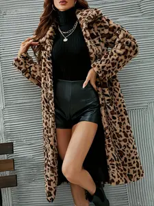 Women's Leopard Print Pocket Open Front   Coat, Casual Long Sleeve Collared Outerwear for Fall & Winter, Women's Clothes for Daily Wear