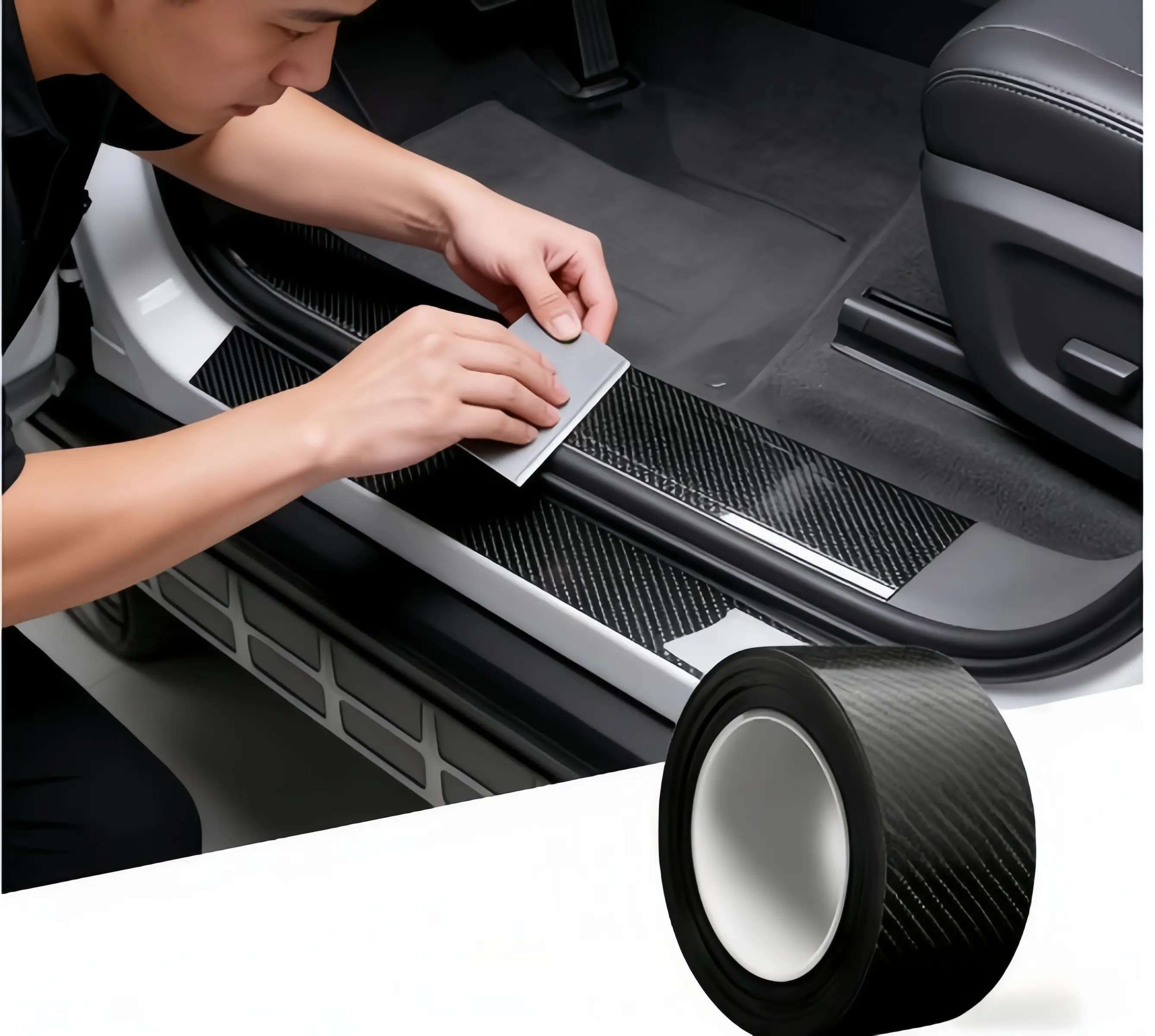 Carbon Fiber Textured Car Wrap Vinyl Roll - High-Gloss Black Self-Adhesive Automotive Protective Tape, Bumper Edge Guard Sticker with Easy Installation, Flexible & Stretchable, Waterproof, Scratch-Resistant for Car Body Decoration, Black 10.5Ft*0.23Ft, 5,