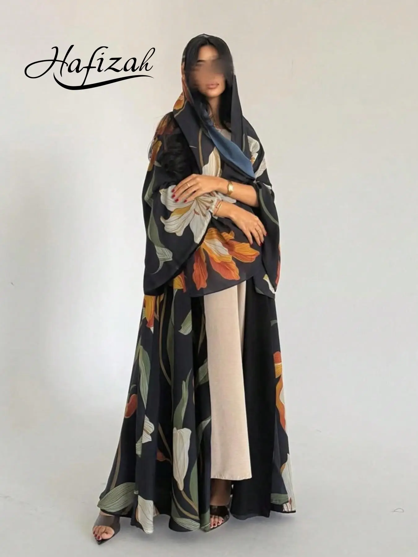 Hafizah Floral Print Modest Islamic Abaya with Hijab, Loose-Fitting Muslim Women's Long Coat Set with Matching Headscarf, All-Season Middle Eastern Style
