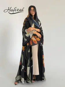 Hafizah Floral Print Abaya Outerwear, Loose Abayas, Loose-Fitting Muslim Women's Long Coat, All-Season Middle Eastern Style, Includes Headscarf
