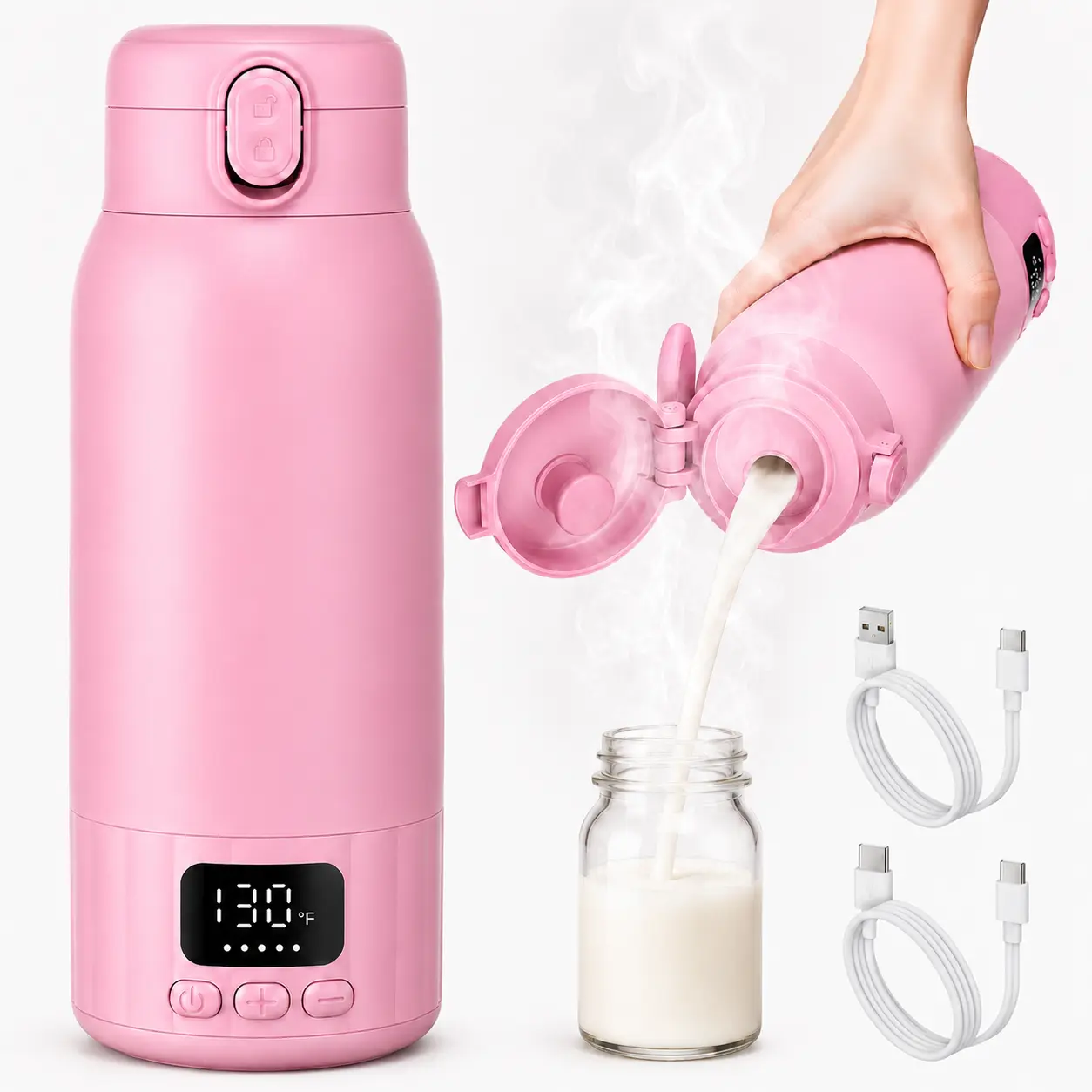 DDZJIAN Pink 17 Ounces Portable Milk Warmer with Fast Heating 98–131°F Temperature Control for Breast Milk & Water Leak-Proof & Travel Friendly