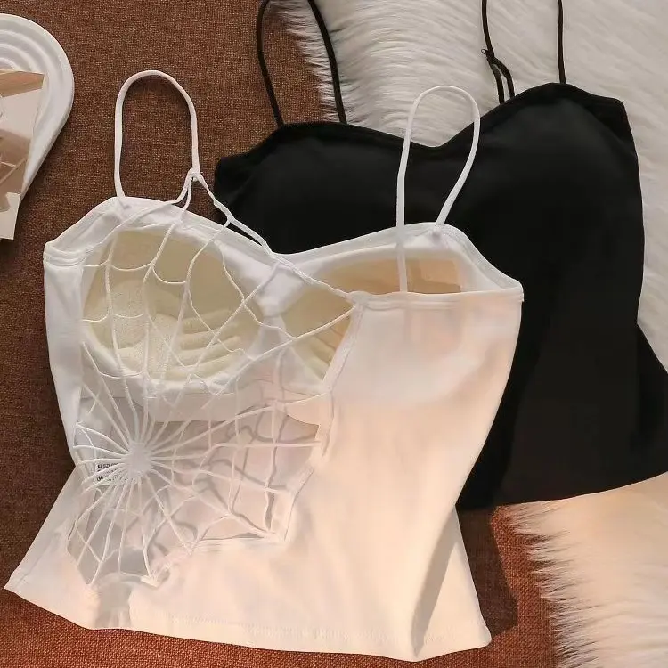 Black Camisole Vest for Women Summer Inner Wear with Chest Pad Spider Web Beautiful Back Bra Integrated Versatile Comfortable Girl Tube Womenswear Tops Workout Tops Spaghetti Strap Basic Workout Sets Women Sports Bra