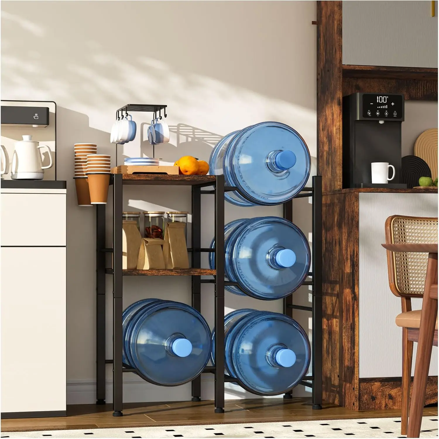 3-Tier Water Bottle Rack with Wood Top & Metal Frame - 5 Gal Jug Storage Stand, Black Industrial Home Organization Storage Shelf for Home Office & Decorative Plants
