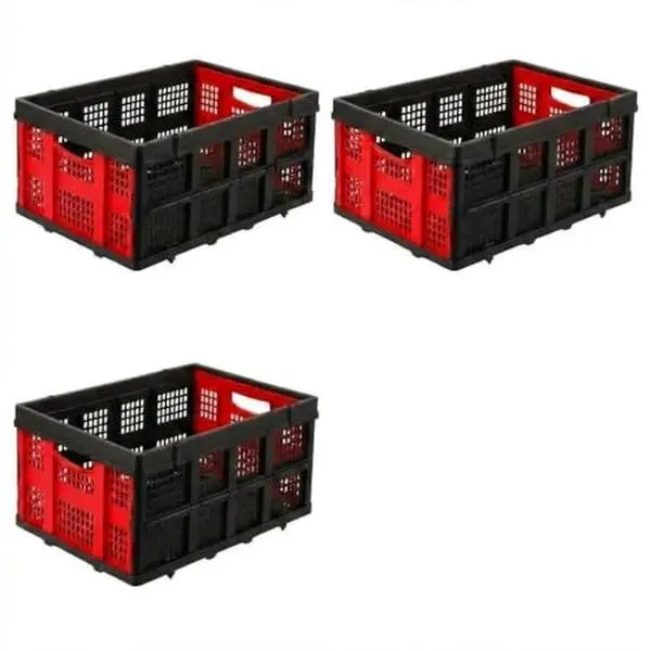 Gaomon Thick Plastic Heavy-Duty Red Collapsible Stackable Storage Baskets (40x56x26cm) - 3-Piece Set of Functional Home Organizer Crates, Space-Saving Multi-Purpose Boxes for Laundry, Lightweight Design