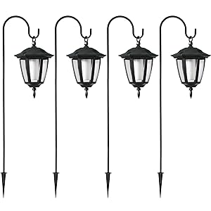 2 Pack Solar Flame Hanging Lights Outdoor, Halloween Solar Flickering Flame LED Garden Lanterns with 2 x 38 Inch Shepherd Hooks, Christmas Lighting for Lawn Patio Yard Pathway Driveway