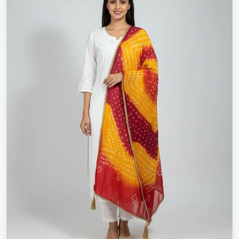 Plain white georgette kurta with bandhini dupatta custom made in diffrent sizes