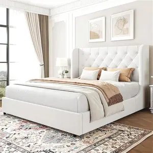 Modern Velvet Upholstered Bed Frame With Curved Wingback Design, Wooden Platform Bed Frame For Bedroom,No Box Spring Needed, Easy Assembly,  Queen Size Bed Frame/ King Size Bed Frame,Pink/ White/ Grey