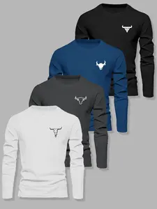 Men's Classic 4-Piece Set, Cow Print Bull Long Sleeve T-Shirts, Casual Fitted Graphic Tops, Spring & Fall Fashion, Comfortable Knit Fabric